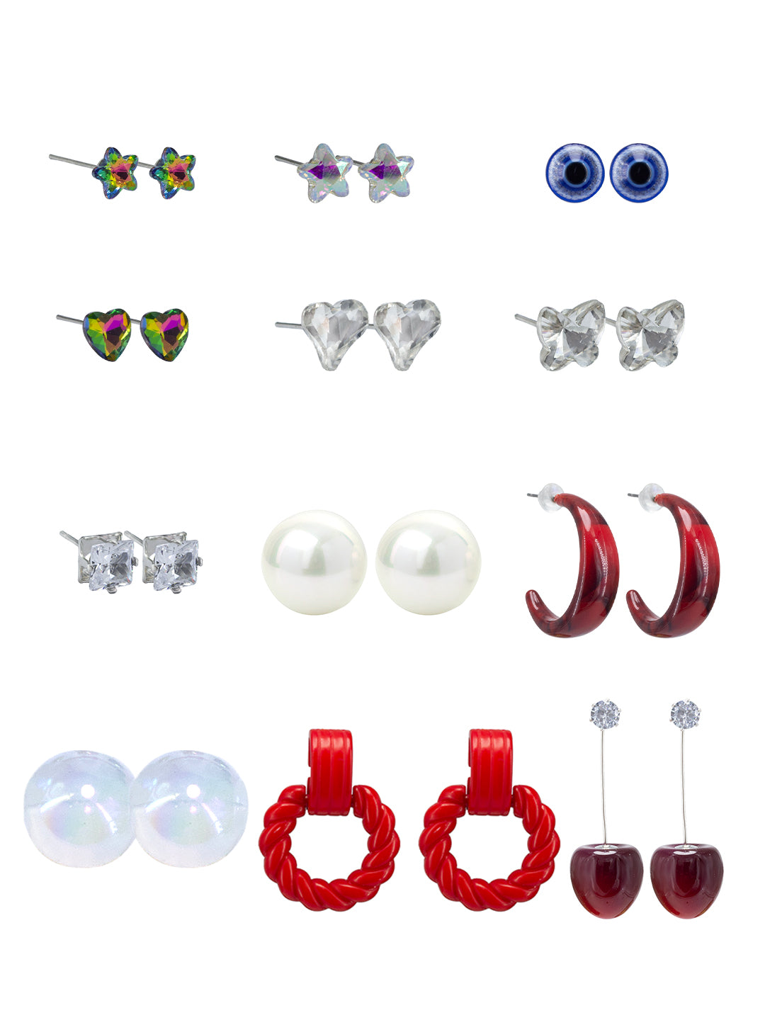 Pack of 12 Multi Colour Drop, Hoop & Studs Earrings