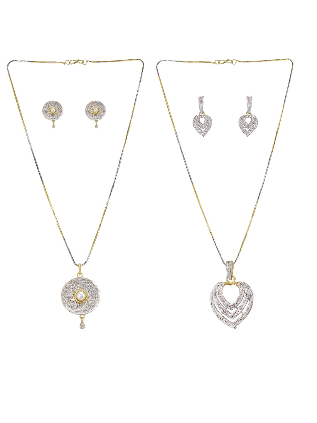 Set of 2 Gold Plated American Diamond Heart & Circular Shaped Pendant & Earring Set