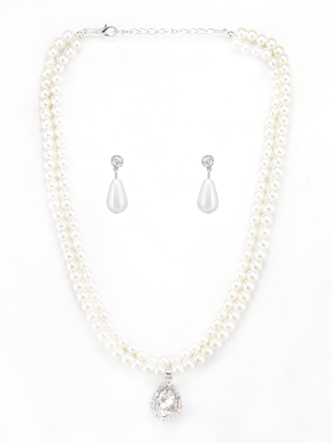 Silver Plated Double Layered Stone & Pearl Beaded Moti Mala Trendy Necklace & Earrings