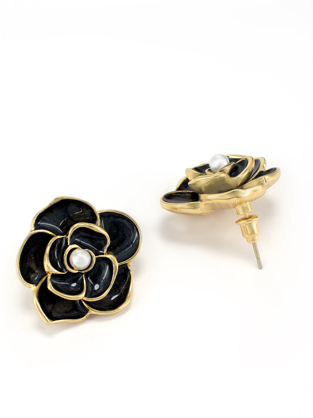 Gold-Plated Black Pearl Floral Studs Earrings