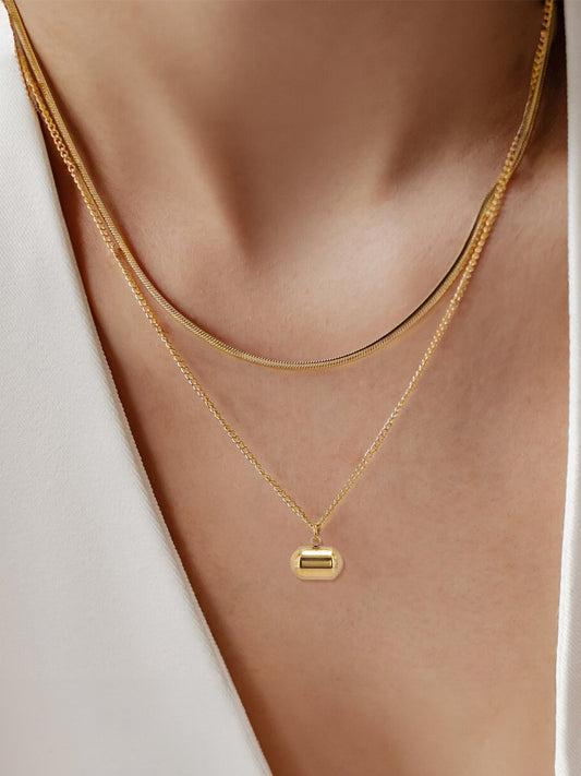 Double Layered Snake Chain Necklace | Trendy Stainless Steel Pendant Style Flat Chains Necklace