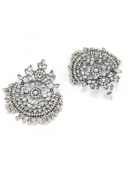 Silver-Plated Crescent Shaped Kundan Studded Drop Earrings