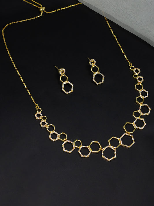 Gold Plated Geometric Shaped American Diamond Studded Jewellery Set