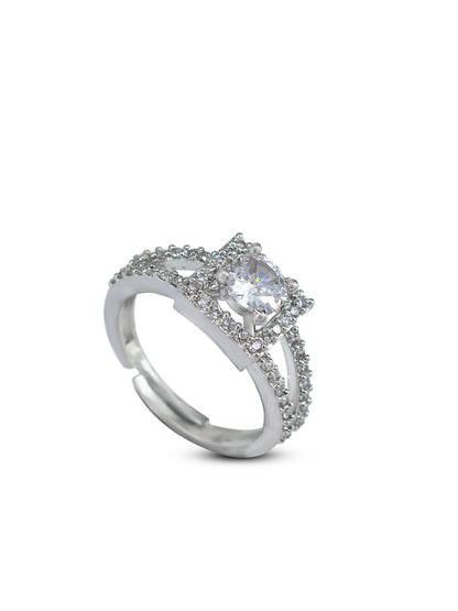 Rhodium Plated American Diamond Square Adjustable Solitaire Finger Ring