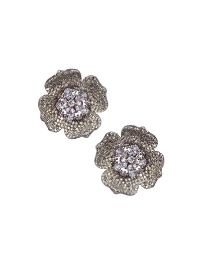 Rhodium Plated Floral American Diamond Stud Earrings