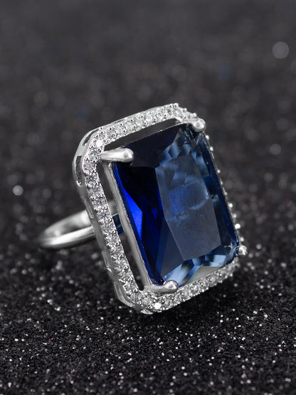 Rhodium-Plated Blue American Diamond Square Adjustable Finger Ring