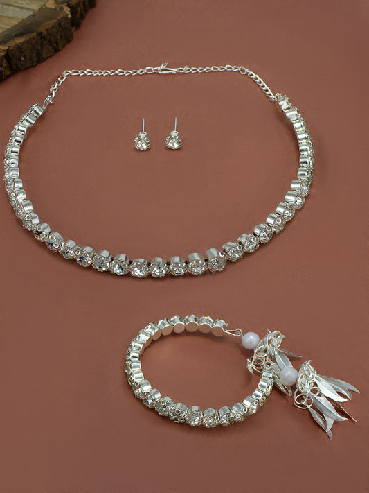 Silver Plated Rhinestone Studded Jewellery Set with Bracelet