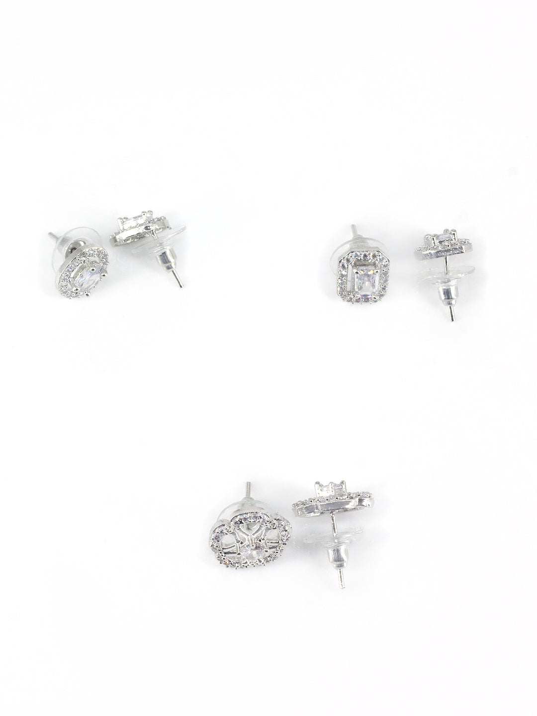 Set Of Three Rhodium Plated Geometric American Diamond Earrings