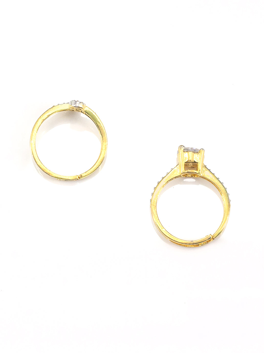 Set Of Two Gold Plated Solitaire American Diamond Trendy Adjustable Finger Rings