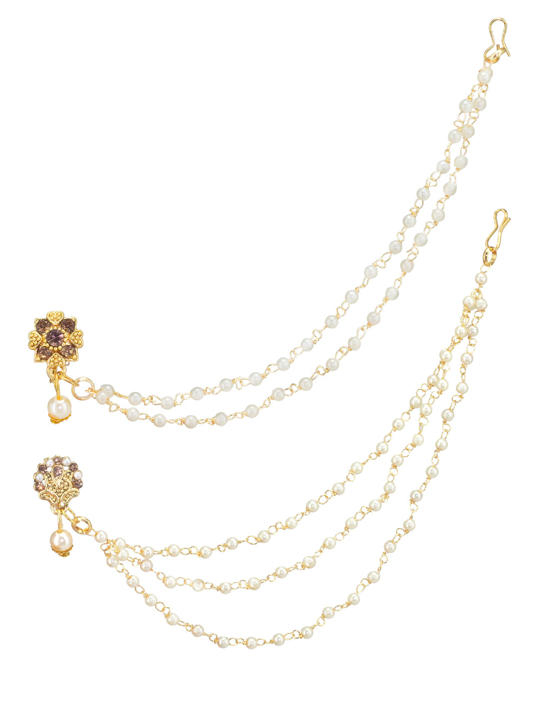 Set of 2 Gold Plated Artificial Stones & Beads Studded Chained Nosepin