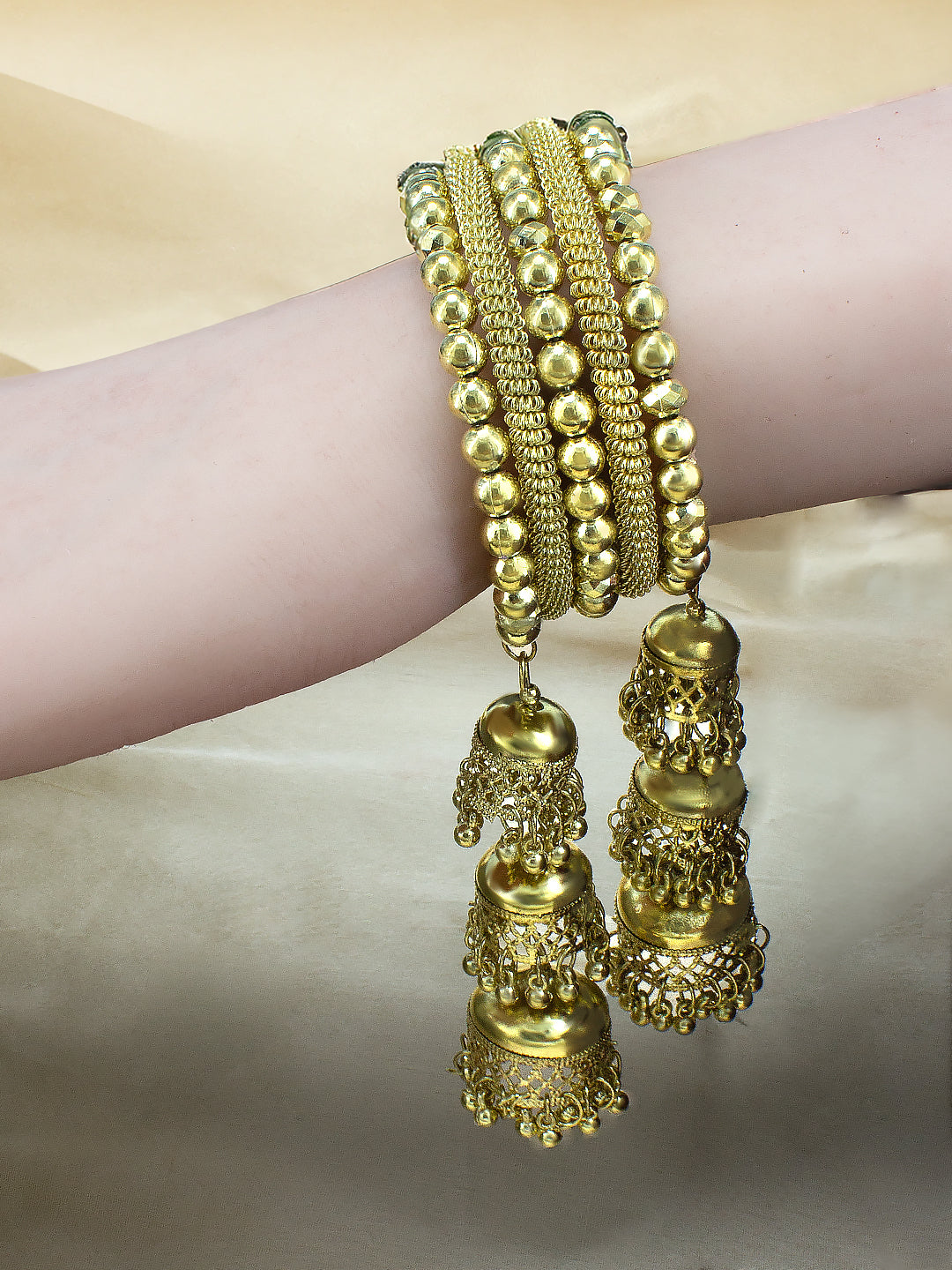 Gold Plated Multistrand Wraparound Bracelet with Three Layer Jhumki