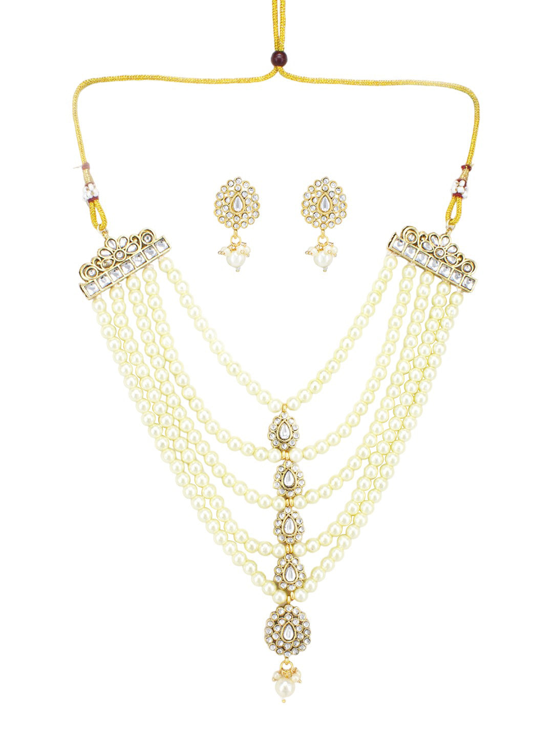 Gold-Plated Pearl-Studded & Kundan-Beaded Multi Layered Jewellery Set With Maangtika