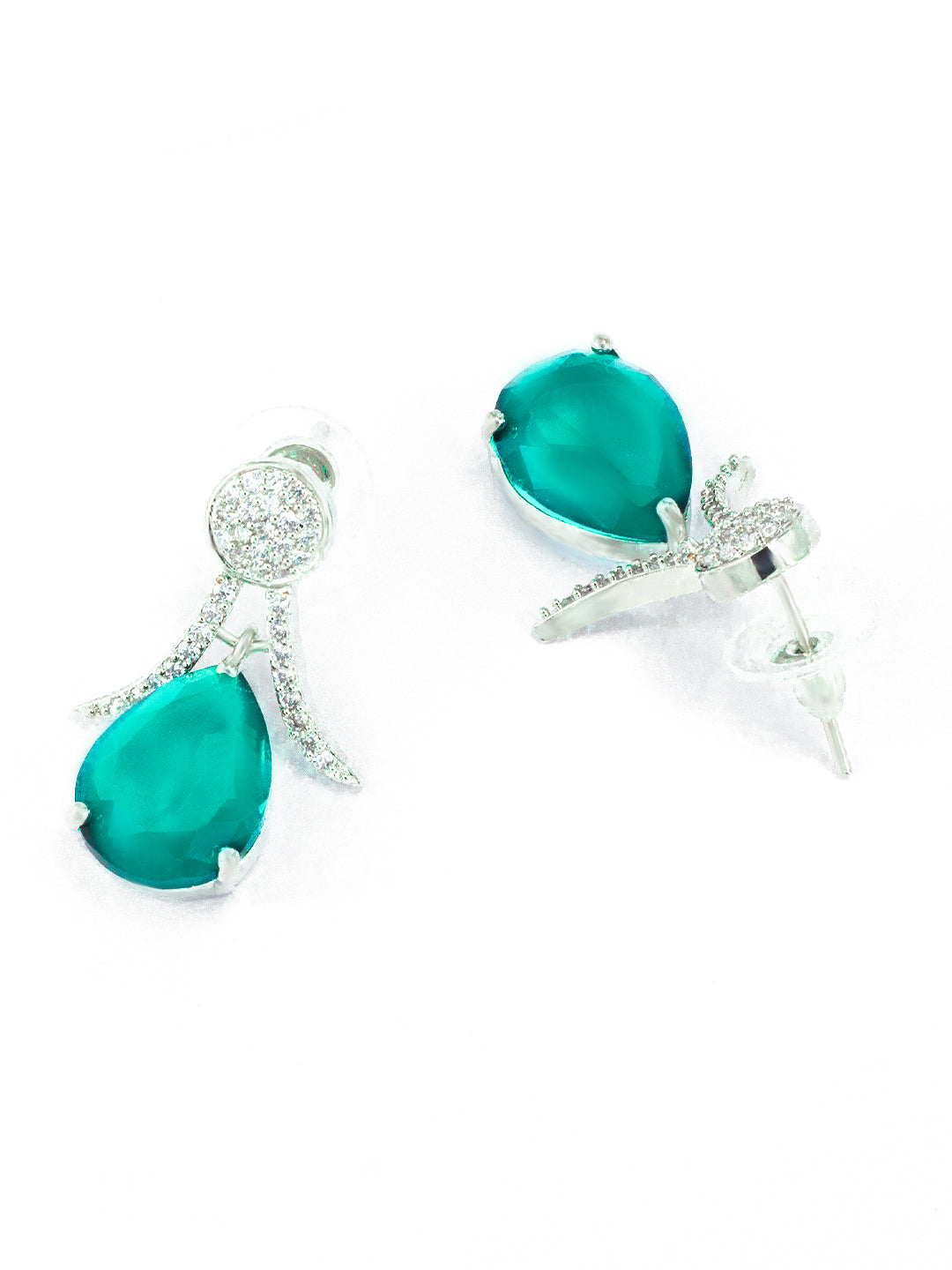 Rhodium Plated American Diamond Studded Mint Green Earrings