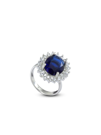 Rhodium Plated Blue American Diamond Round Shaped Adjustable Finger Ring