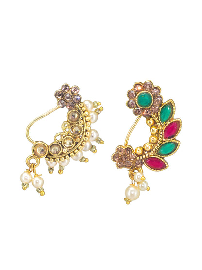 Set of 2 Gold Plated Artificial Stones & Beads Studded Non-Piercing Nosepin