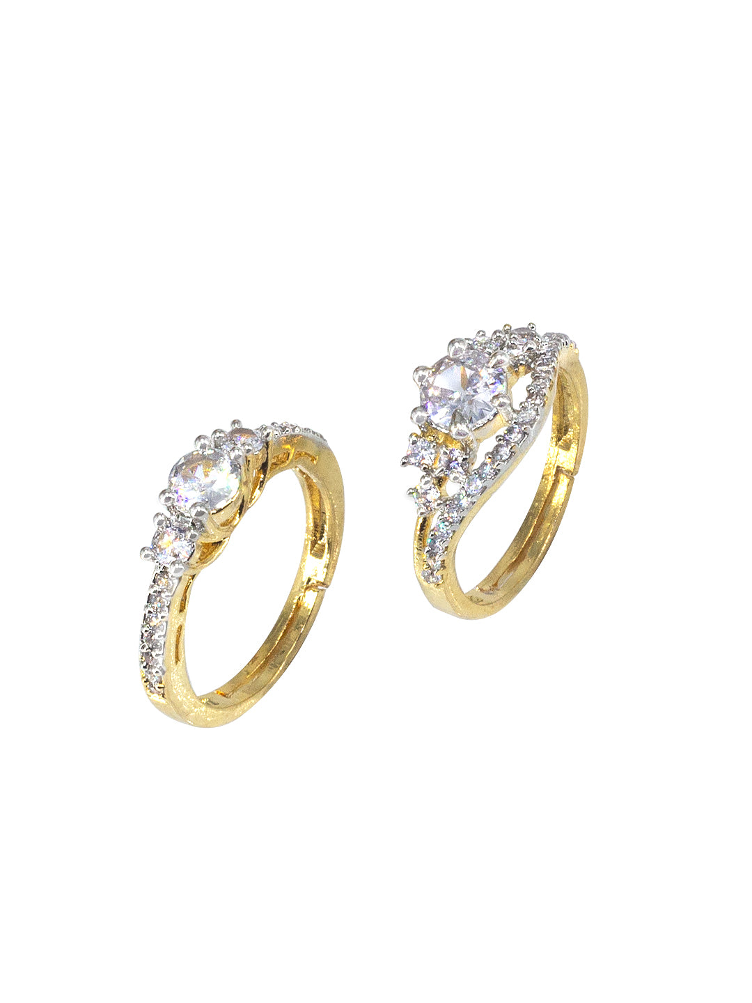 Set Of Two Gold Plated Solitaire & Leaf American Diamond Trendy Adjustable Finger Rings