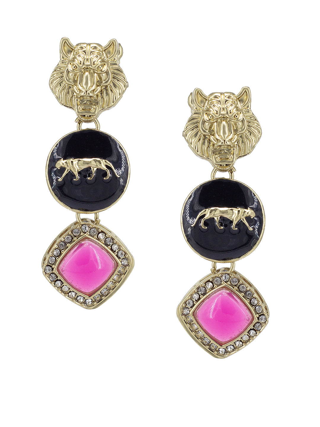 Gold Plated Pink Stone Studded Lion Shaped Drop Earrings