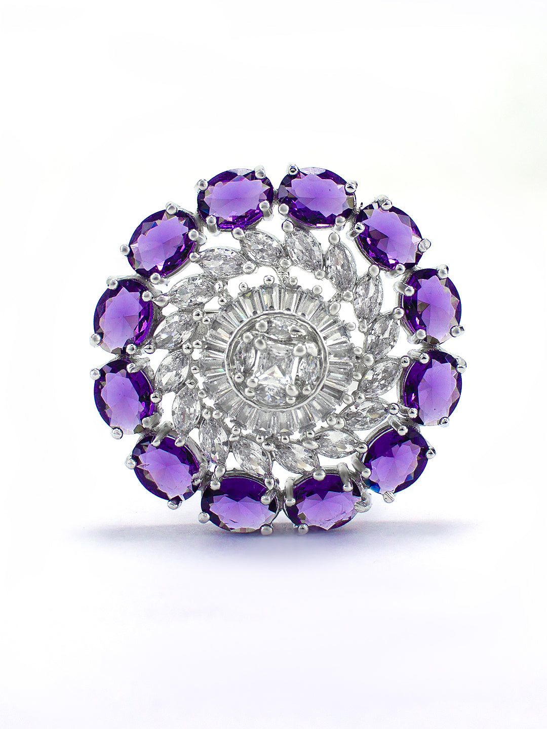 Rhodium-Plated Purple American Diamond Floral Adjustable Finger Ring