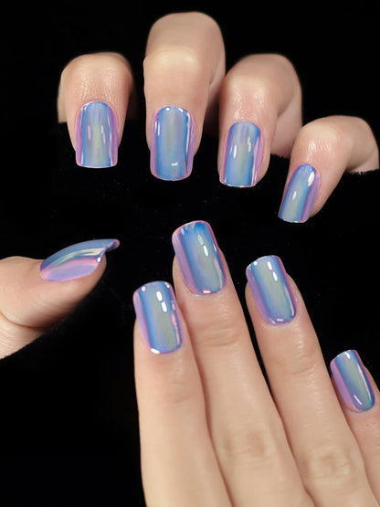 Set of 24 Blue and White Metallic Duochrome stick on nails