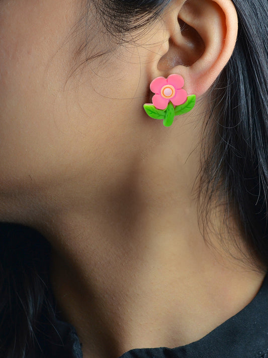 Pink Metal Floral Studs Earrings