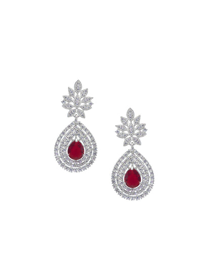 Rhodium Plated Red American Diamond Teardrop Jewellery Set