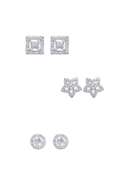 Set Of Three Rhodium Plated Geometric AD Trendy Earrings