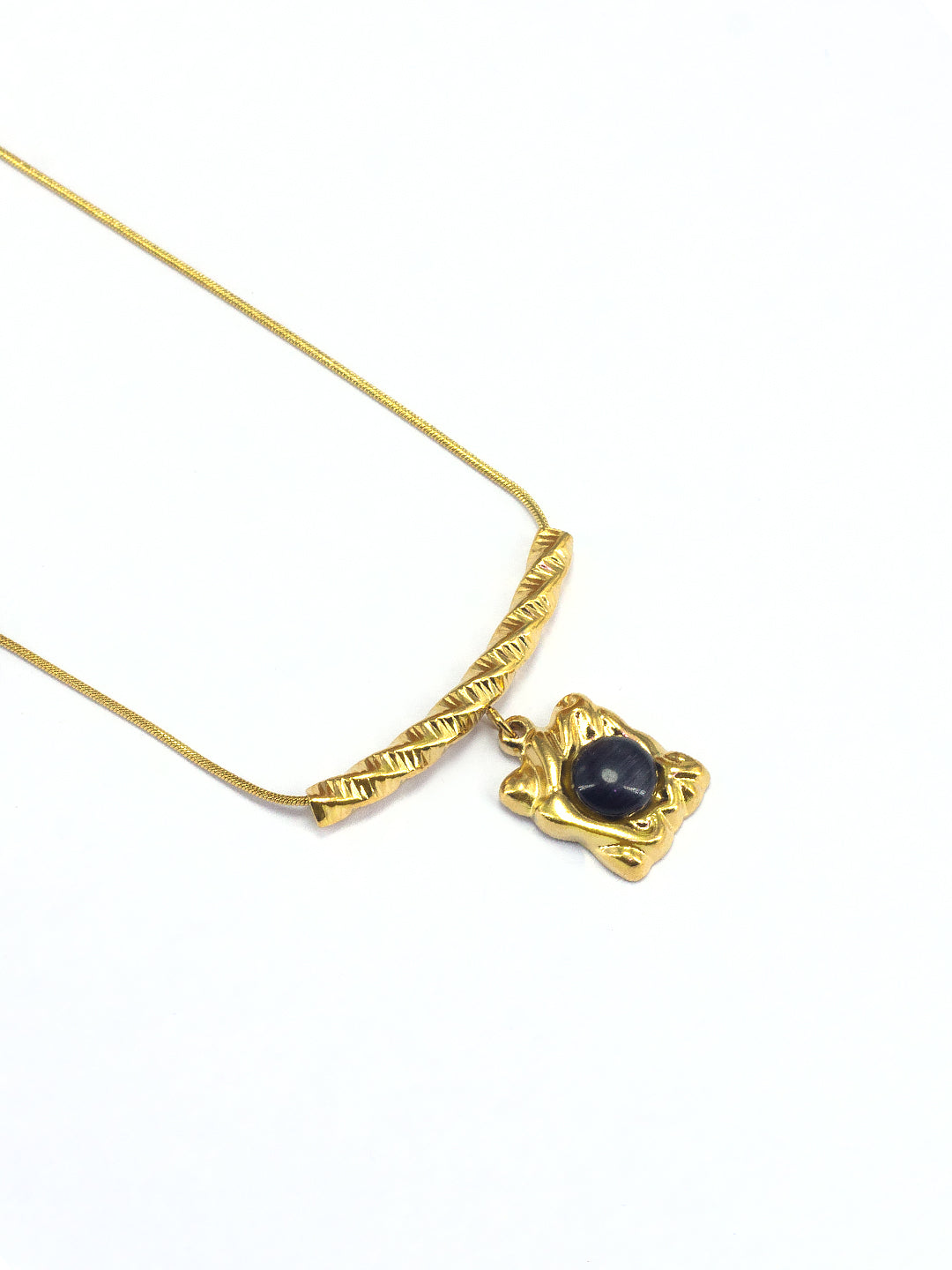 Stainless Steel Black Stone Chain Necklace | Gold Plated Black Stone Studded Pendant Style Chain Necklace