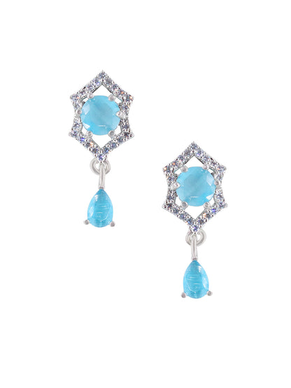 Rhodium Plated Aqua Blue American Diamond Pendant & Earrings Set