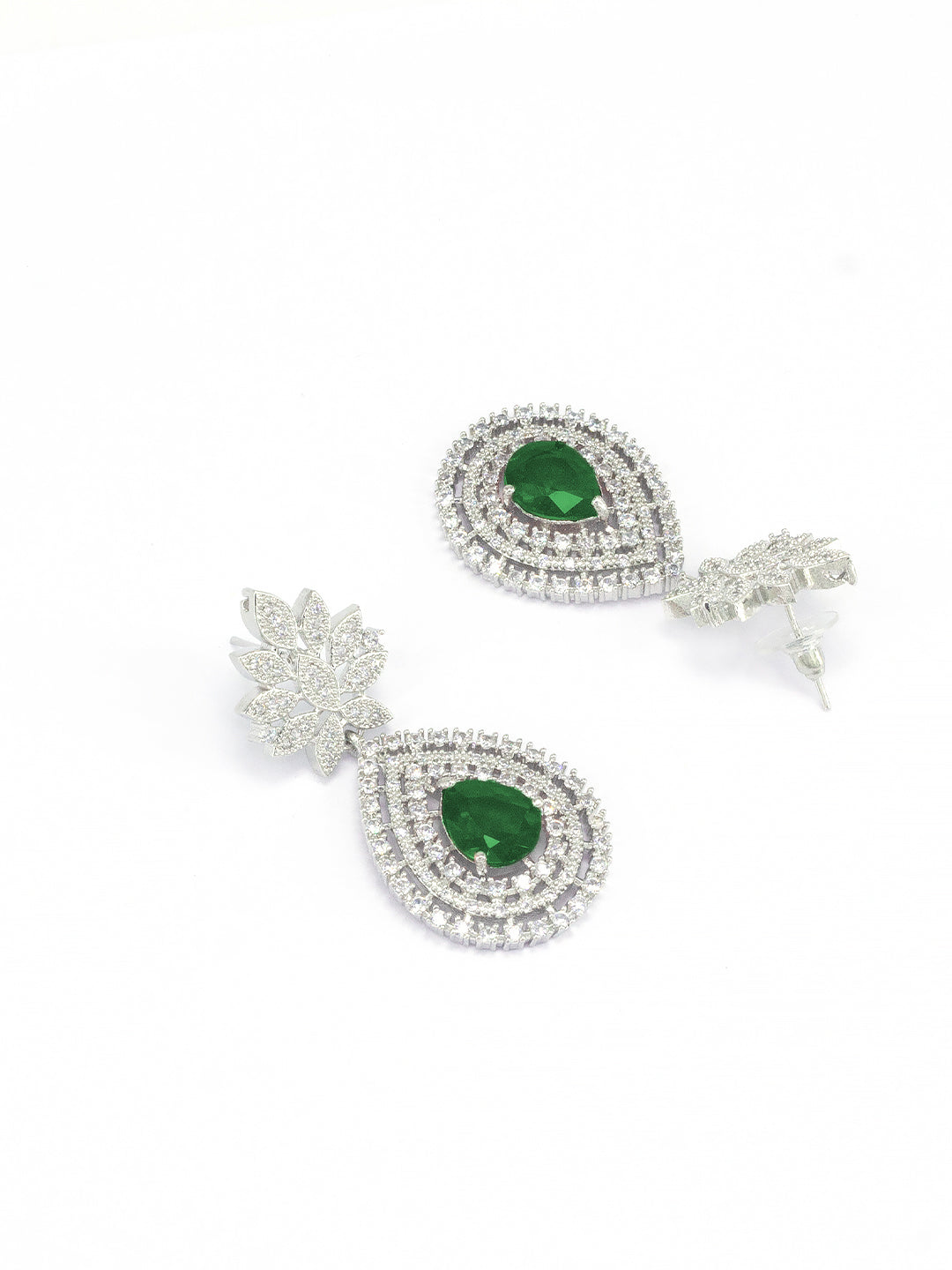 Rhodium Plated Green American Diamond Teardrop Jewellery Set