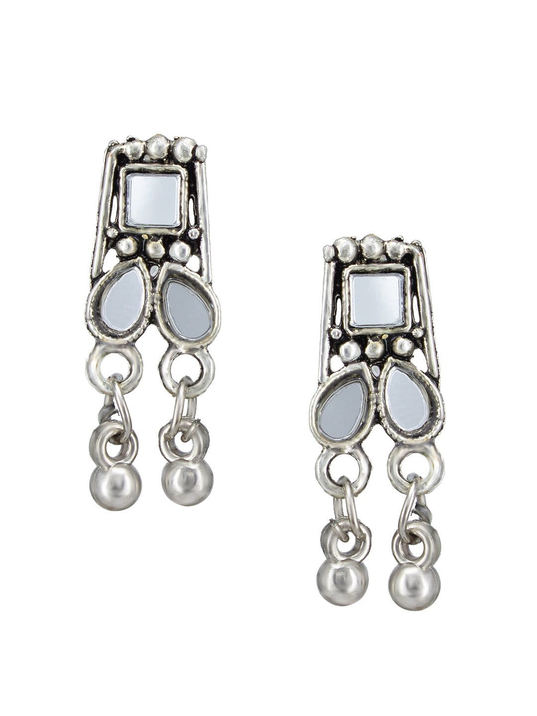 Silver-Oxidised Stones Studded & Beaded Mirror Jewellery Set