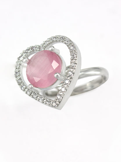 Rhodium Plated Pink Heart Shaped American Diamond Adjustable Finger Ring