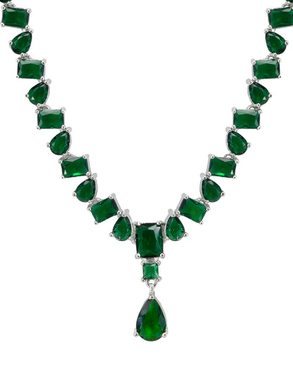 Rhodium Plated Green Teardrop Shaped American Diamond Studded Jewellery Set