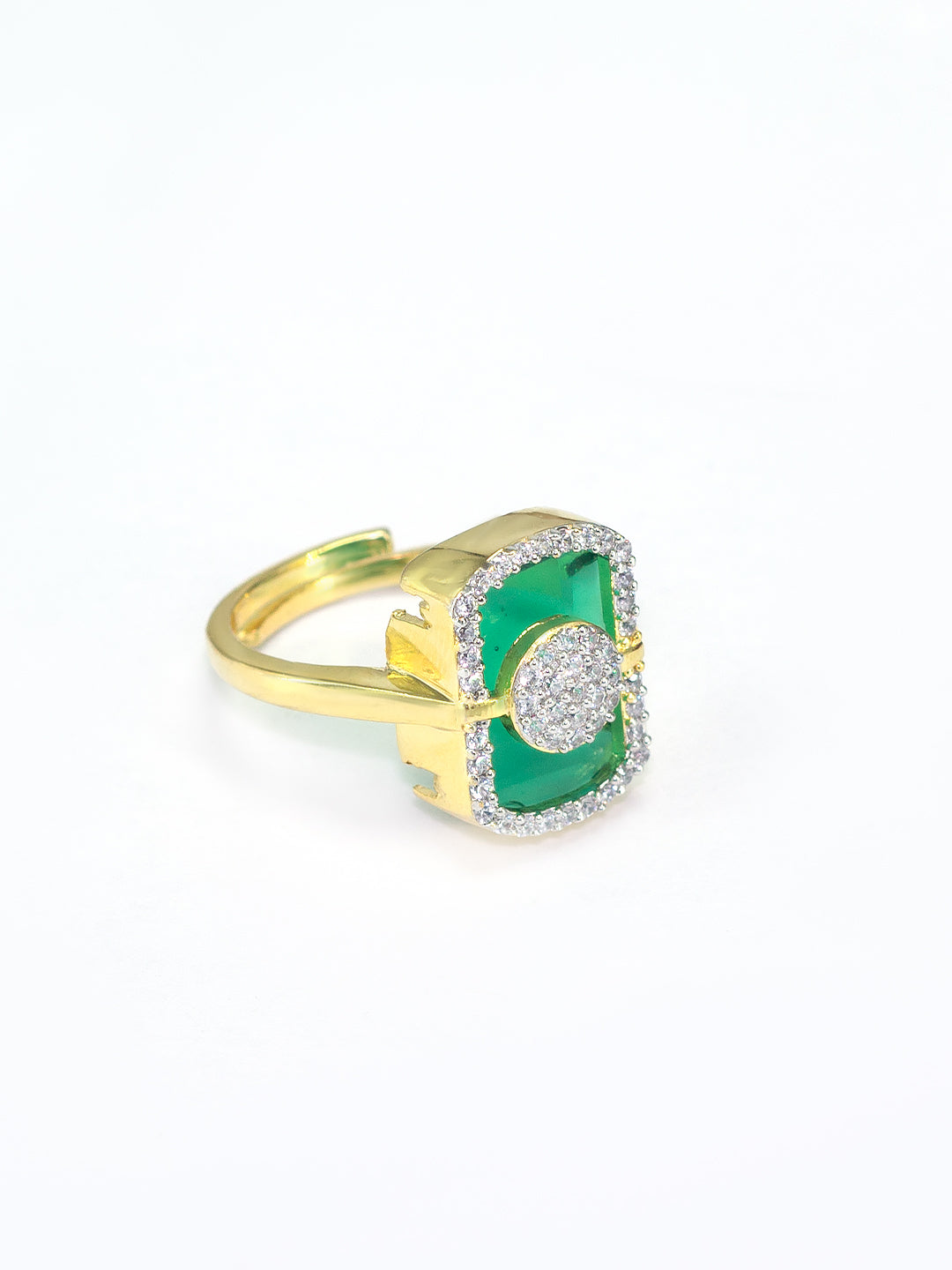 Gold Plated Green American Diamond Adjustable Finger Ring