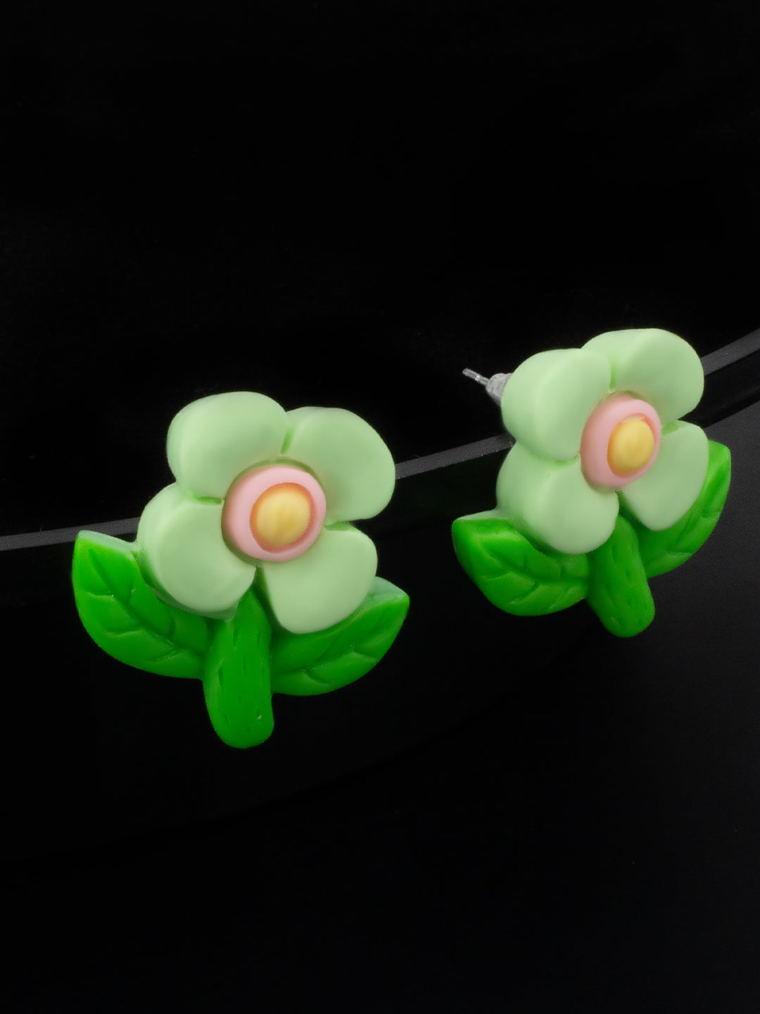 Green Metal Floral Studs Earrings