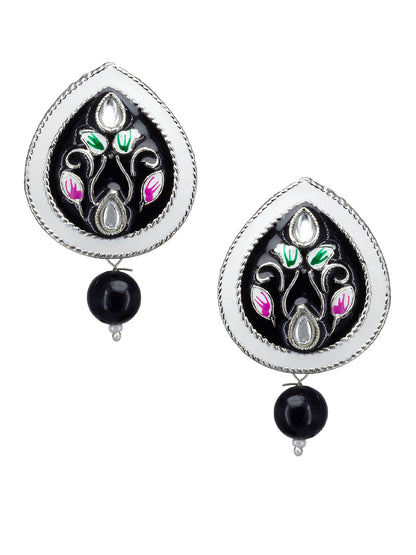 Silver Plated Black Kundan Studded & Beaded Choker Jewellery Set