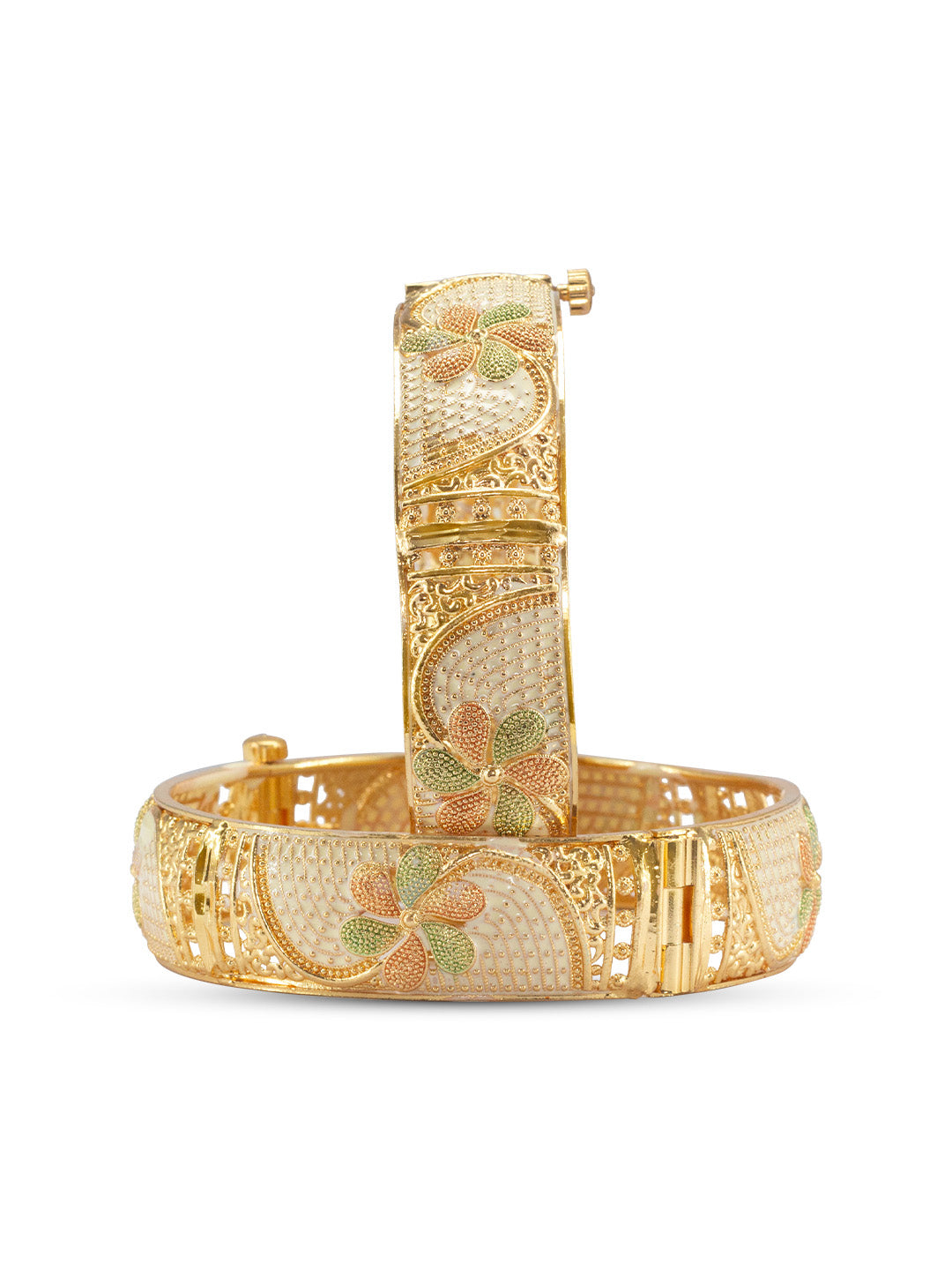 Gold Plated Chunky Floral Meenakari Bangle Pair