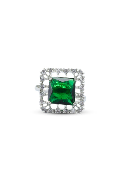 Rhodium Plated Green American Diamond Square Adjustable Finger Ring