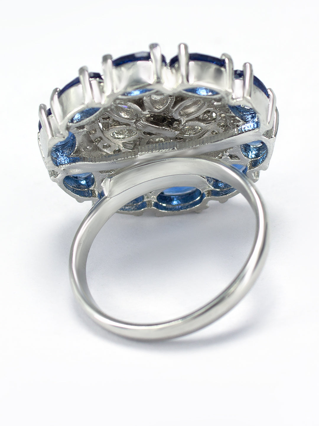 Rhodium-Plated Blue American Diamond Floral Adjustable Trendy Finger Ring