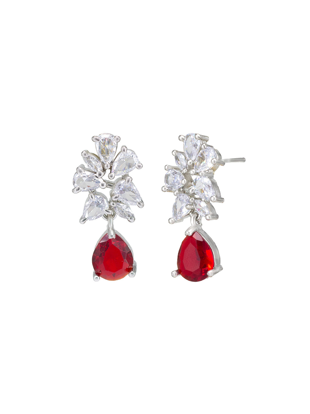 Rhodium Plated Red American Diamond Drop Earrings