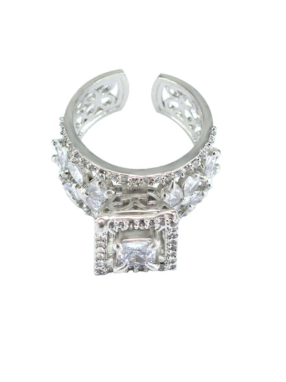 Rhodium Plated American Diamond Square Adjustable Solitaire Finger Ring