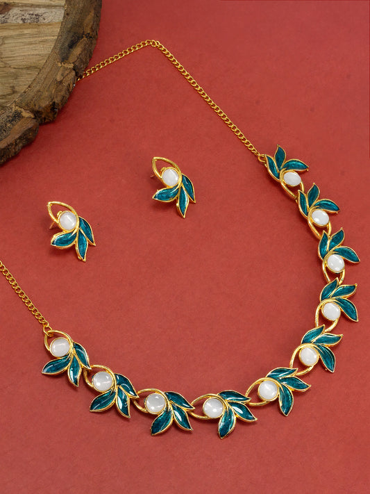 Gold Plated Blue Leaf Shaped Jewellery Set