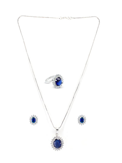 Rhodium Plated Blue American Diamond Studded Pendant Set With Ring