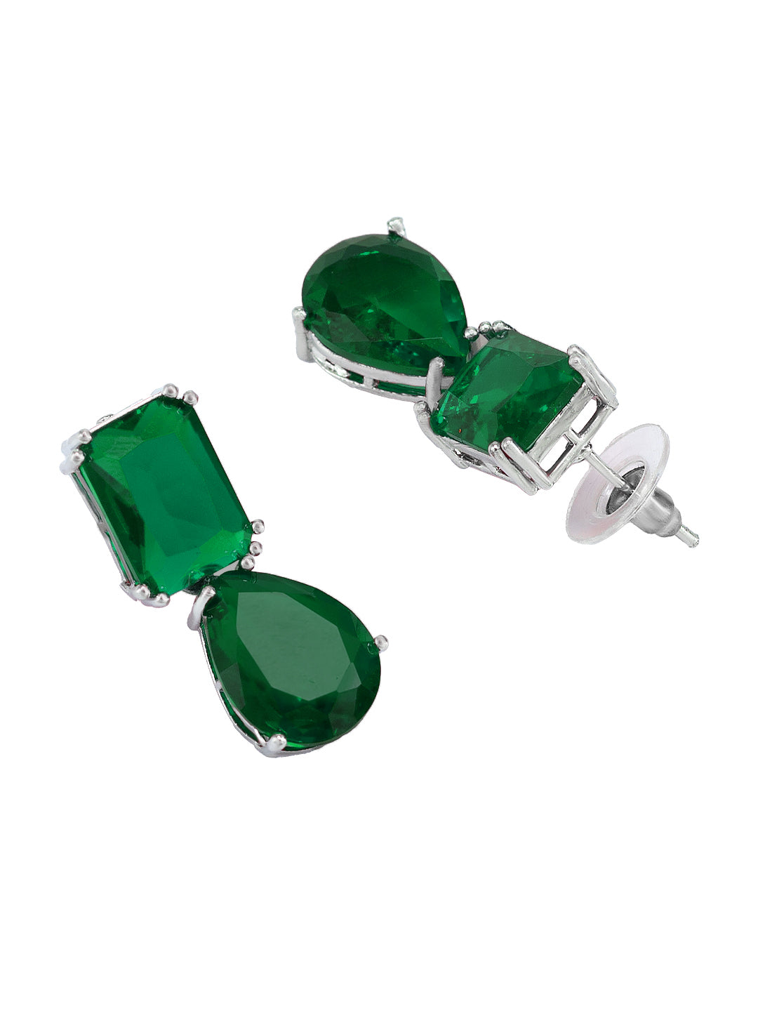 Rhodium Plated Green American Diamond Drop Earrings