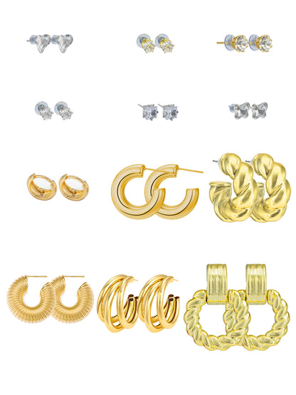 Pack of 12 Gold Plated Hoop, Dangle & Studs Earrings