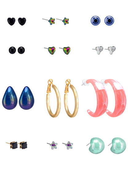 Pack of 12 Multi Colour Drop, Hoop & Studs Earrings