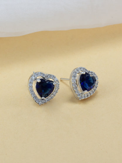 Rhodium Plated Blue Heart American Diamond Stud Trendy Earrings