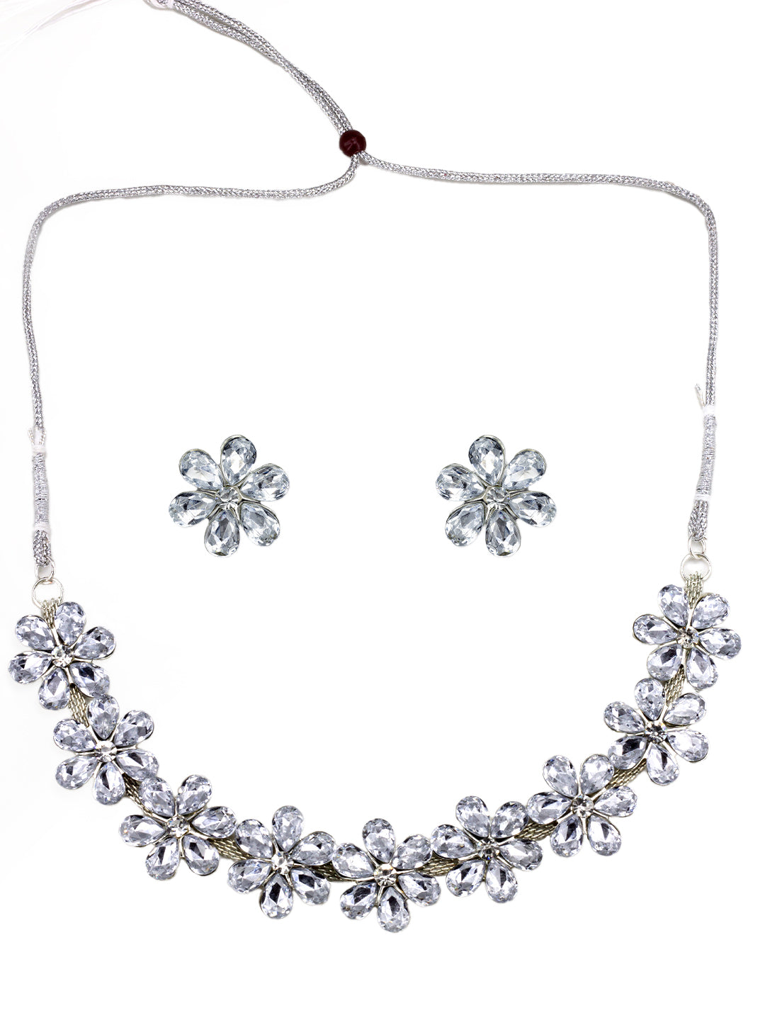 Silver-Plated Floral Crystal Studded Jewellery Set