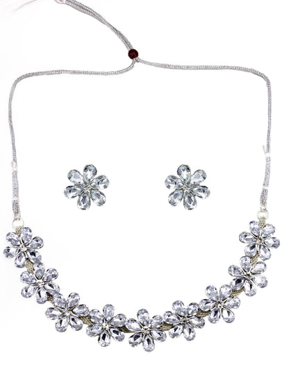 Silver-Plated Floral Crystal Studded Jewellery Set