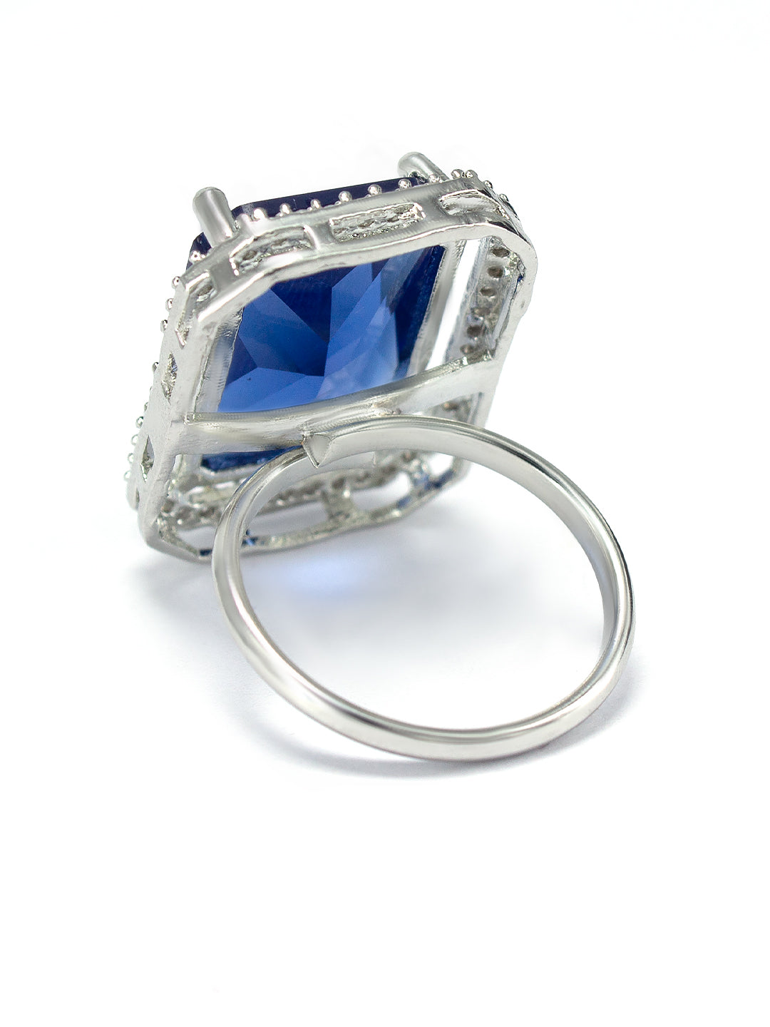 Rhodium-Plated Blue American Diamond Square Adjustable Finger Ring