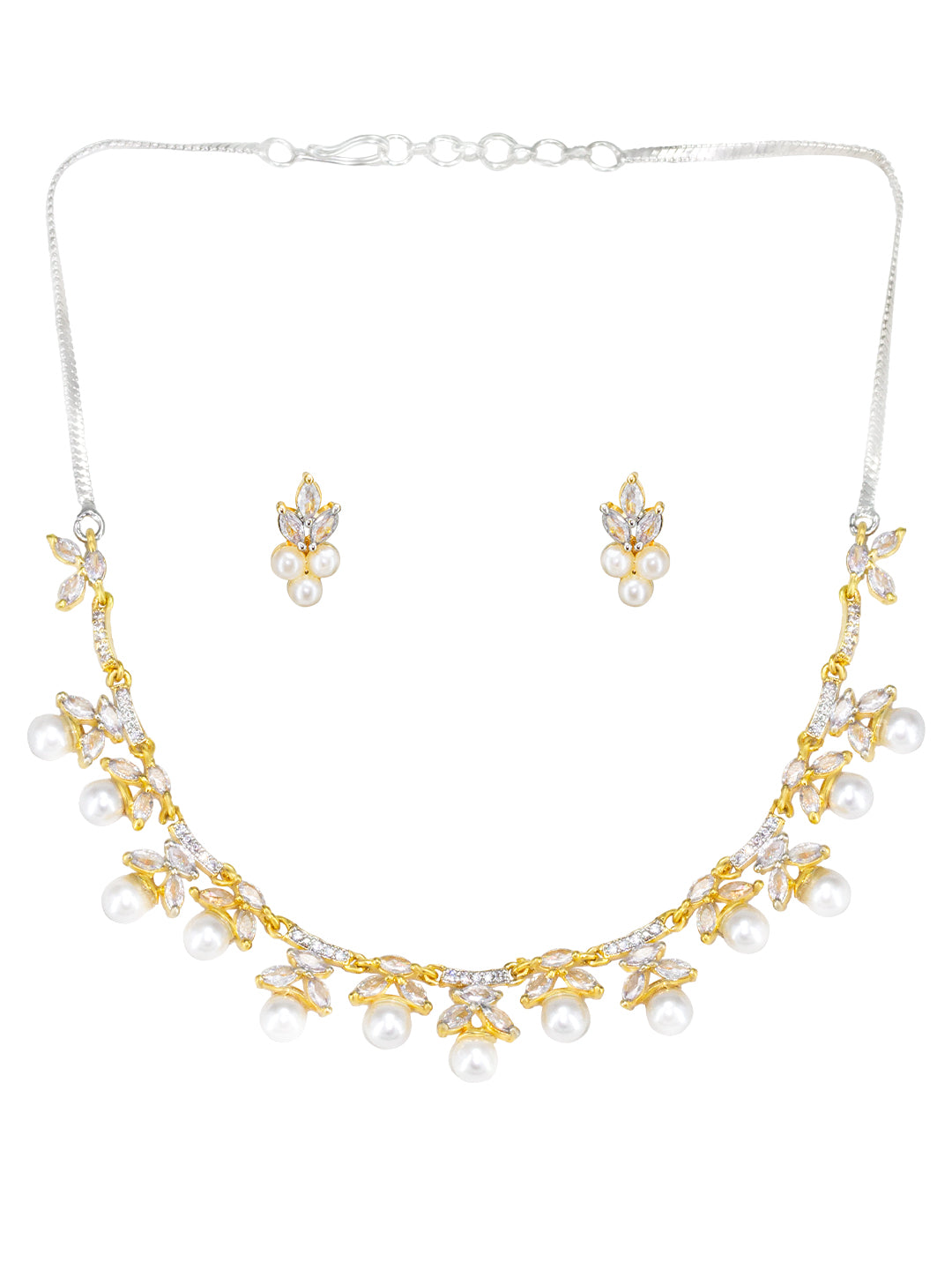 Gold Plated Leaf Shaped American Diamond Studded Jewellery Set